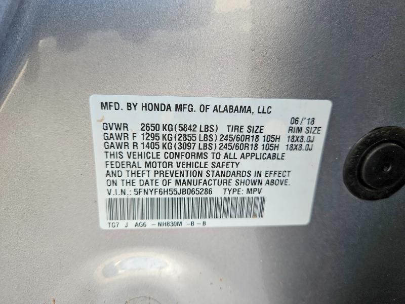 2018 Honda Pilot მანქანა იყიდება აუქციონზე, vin: 5FNYF6H55JB065286, აუქციონის ნომერი: 69955296