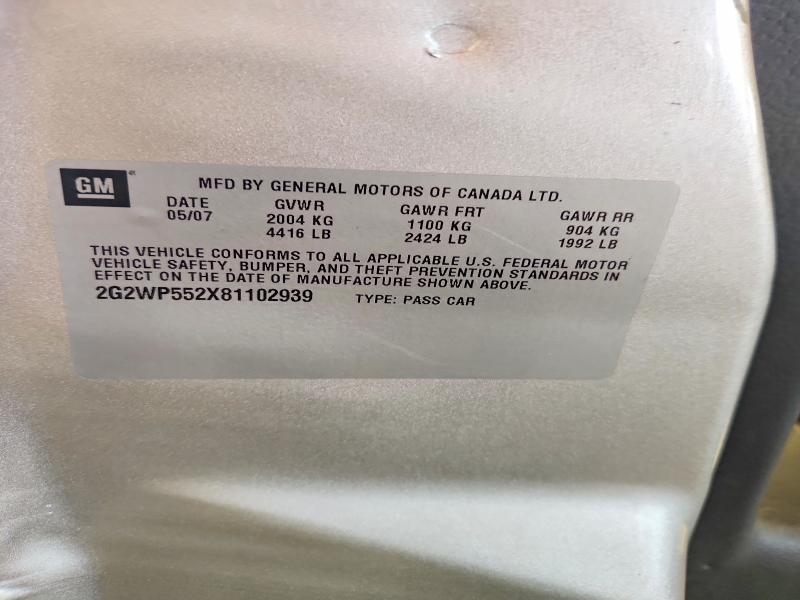 67637286 :رقم المزاد ، 2G2WP552X81102939 vin ، 2008 Pontiac Grand Prix مزاد بيع