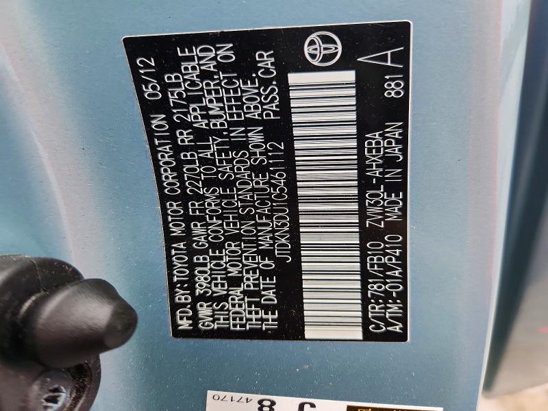 68513196 :رقم المزاد ، JTDKN3DU1C5461112 vin ، 2012 Toyota Prius مزاد بيع