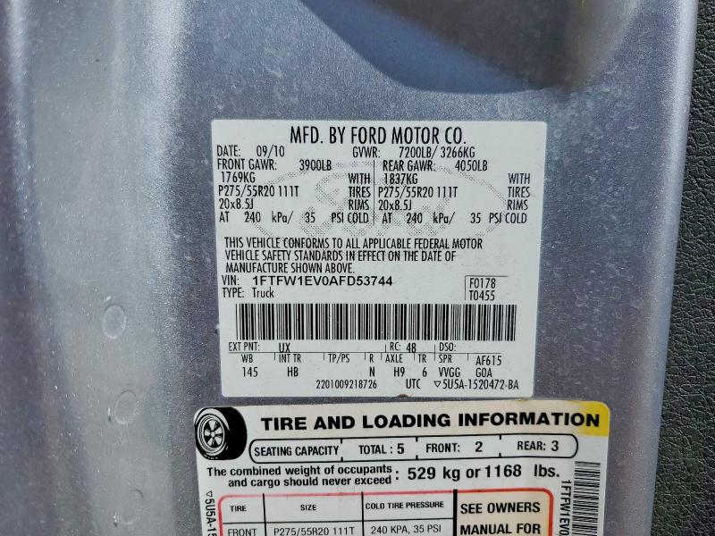 71219536 :رقم المزاد ، 1FTFW1EV0AFD53744 vin ، 2010 Ford F150 مزاد بيع