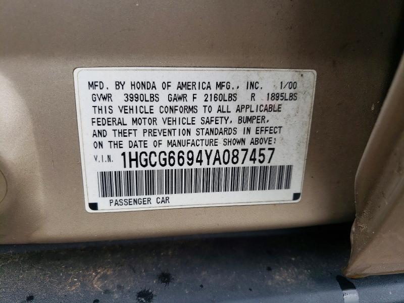 68048826 :رقم المزاد ، 1HGCG6694YA087457 vin ، 2000 Honda Accord مزاد بيع