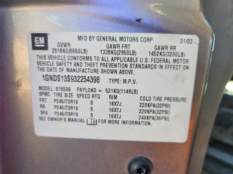70334656 :رقم المزاد ، 1GNDS13S932254398 vin ، 2003 Chevrolet Trailblazer مزاد بيع