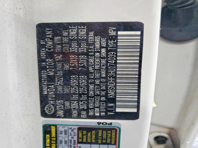 68661756 :رقم المزاد ، KM8SNDHF3HU174039 vin ، 2017 Hyundai Santa Fe مزاد بيع