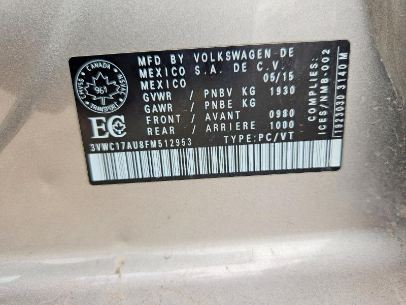 69039226 :رقم المزاد ، 3VWC17AU8FM512953 vin ، 2015 Volkswagen Golf Sportwagen مزاد بيع