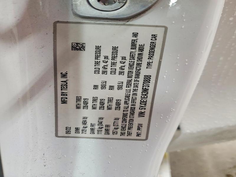 Aukcja sprzedaży 2022 Tesla Model 3, vin: 5YJ3E1EA3NF370888, numer aukcji: 70283716
