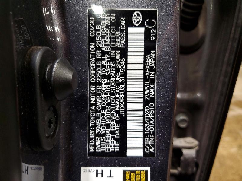 2020 Toyota Prius მანქანა იყიდება აუქციონზე, vin: JTDKARFU3L3115246, აუქციონის ნომერი: 70706746