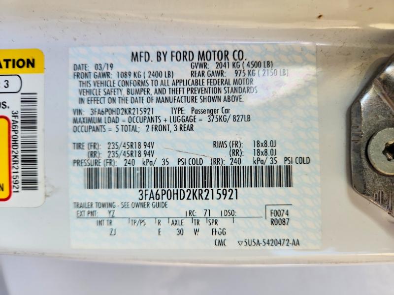 Продаж на аукціоні авто 2019 Ford Fusion, vin: 3FA6P0HD2KR215921, номер лоту: 68336566