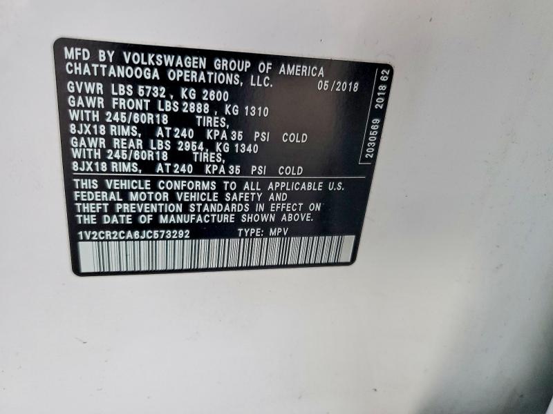 Продаж на аукціоні авто 2018 Volkswagen Atlas, vin: 1V2CR2CA6JC573292, номер лоту: 68499956