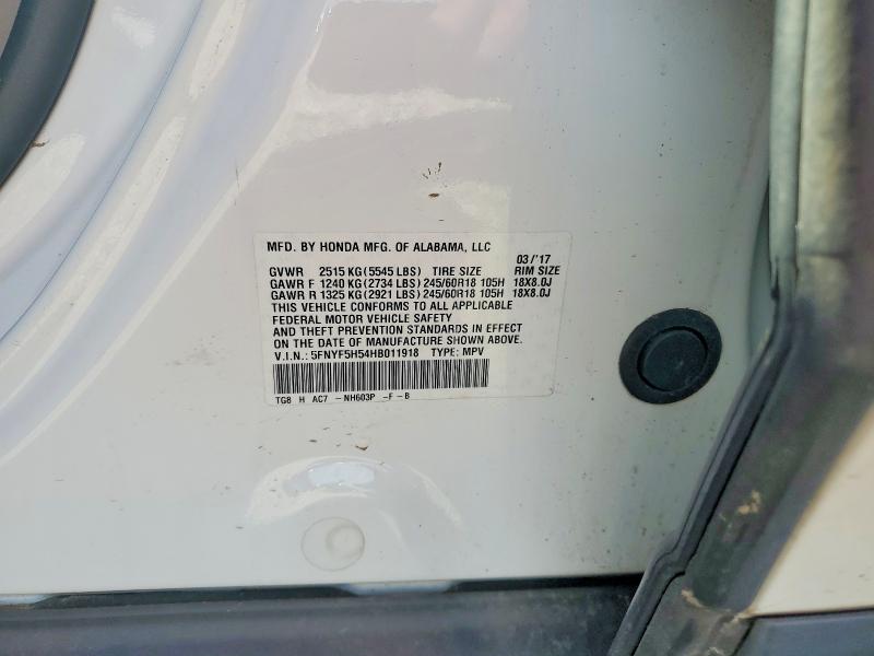 71111596 :رقم المزاد ، 5FNYF5H54HB011918 vin ، 2017 Honda Pilot مزاد بيع