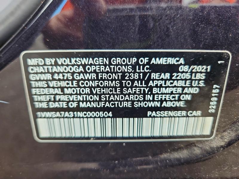 Продаж на аукціоні авто 2022 Volkswagen Passat, vin: 1VWSA7A31NC000504, номер лоту: 69596206