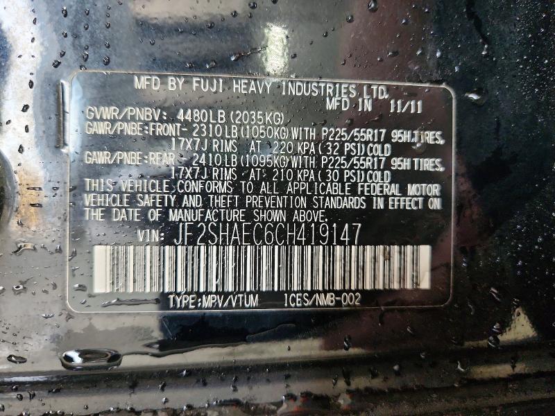 Aukcja sprzedaży 2012 Subaru Forester, vin: JF2SHAEC6CH419147, numer aukcji: 68795706