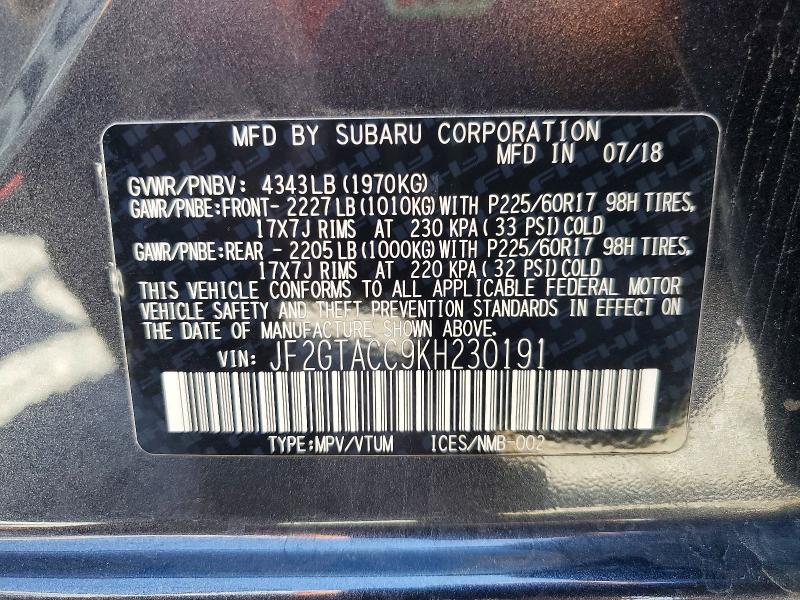 Aukcja sprzedaży 2019 Subaru Crosstrek, vin: JF2GTACC9KH230191, numer aukcji: 68791326