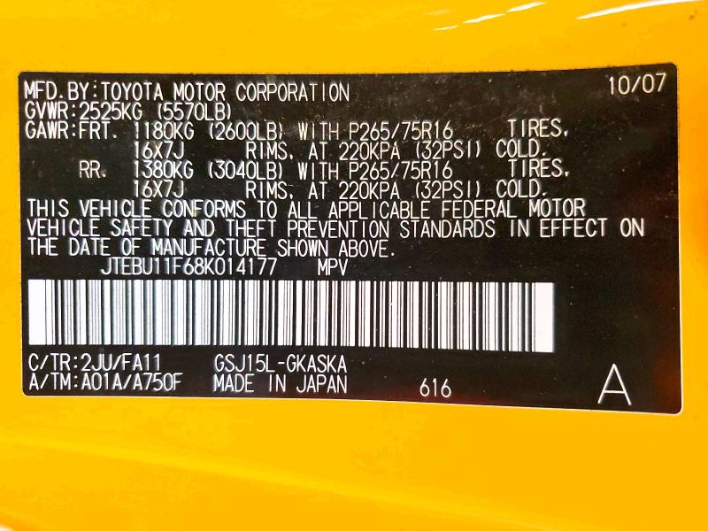 Продаж на аукціоні авто 2008 Toyota Fj Cruiser, vin: JTEBU11F68K014177, номер лоту: 67458196