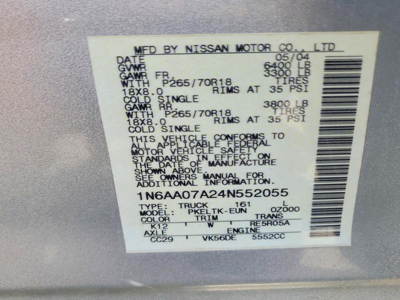 Продаж на аукціоні авто 2004 Nissan Titan, vin: 1N6AA07A24N552055, номер лоту: 69565426