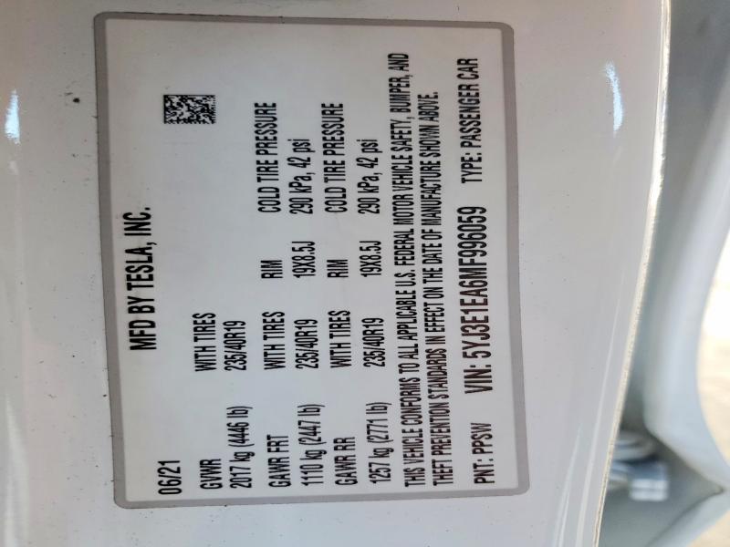 Продаж на аукціоні авто 2021 Tesla Model 3, vin: 5YJ3E1EA6MF996059, номер лоту: 68431116