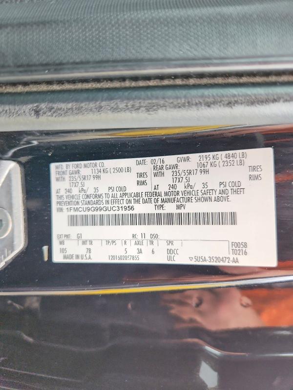2016 Ford Escape მანქანა იყიდება აუქციონზე, vin: 1FMCU9G99GUC31956, აუქციონის ნომერი: 67856486