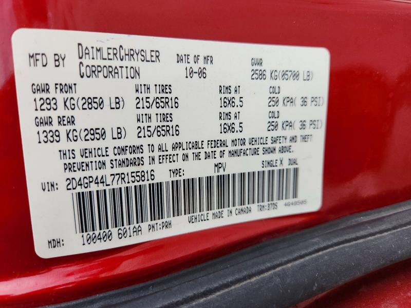 2007 Dodge Grand Caravan მანქანა იყიდება აუქციონზე, vin: 2D4GP44L77R155816, აუქციონის ნომერი: 70506316