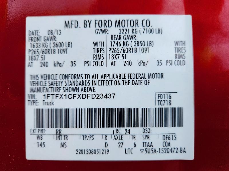 2013 Ford F150 მანქანა იყიდება აუქციონზე, vin: 1FTFX1CFXDFD23437, აუქციონის ნომერი: 69772956