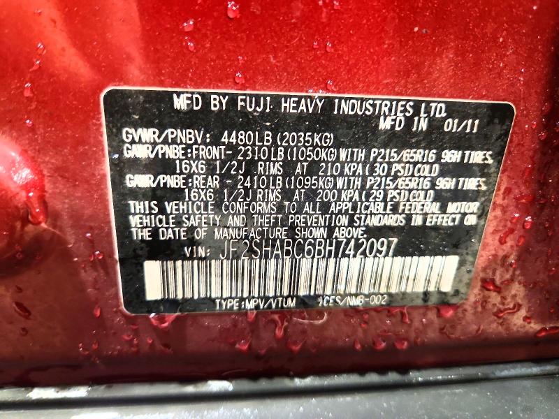 Продаж на аукціоні авто 2011 Subaru Forester, vin: JF2SHABC6BH742097, номер лоту: 68376126