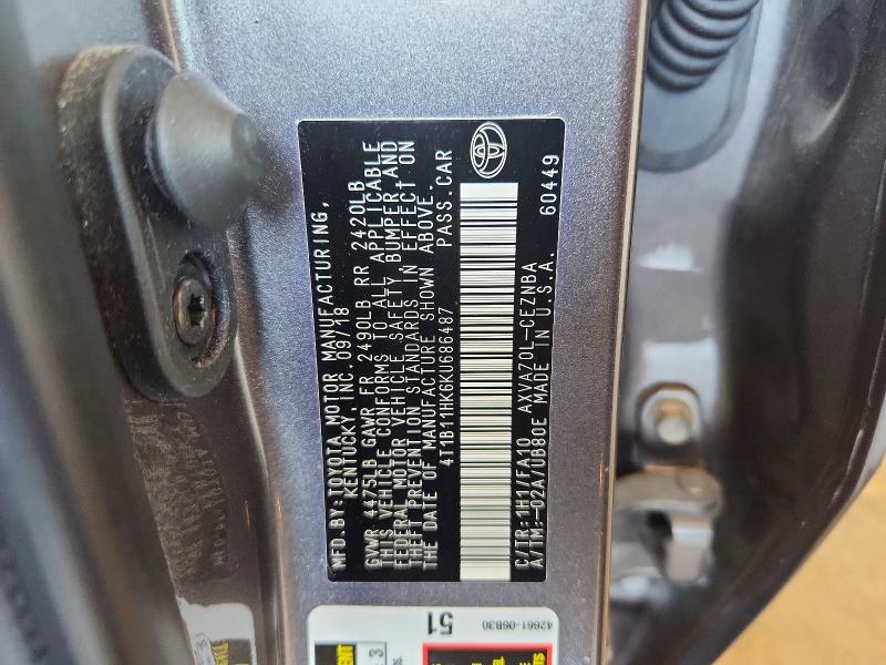 Продажа на аукционе авто 2019 Toyota Camry, vin: 4T1B11HK6KU686487, номер лота: 67409476