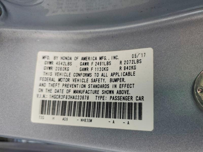 67865276 :رقم المزاد ، 1HGCR3F83HA033678 vin ، 2017 Honda Accord مزاد بيع