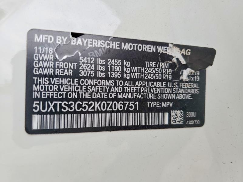 2019 Bmw X3 მანქანა იყიდება აუქციონზე, vin: 5UXTS3C52K0Z06751, აუქციონის ნომერი: 69622456