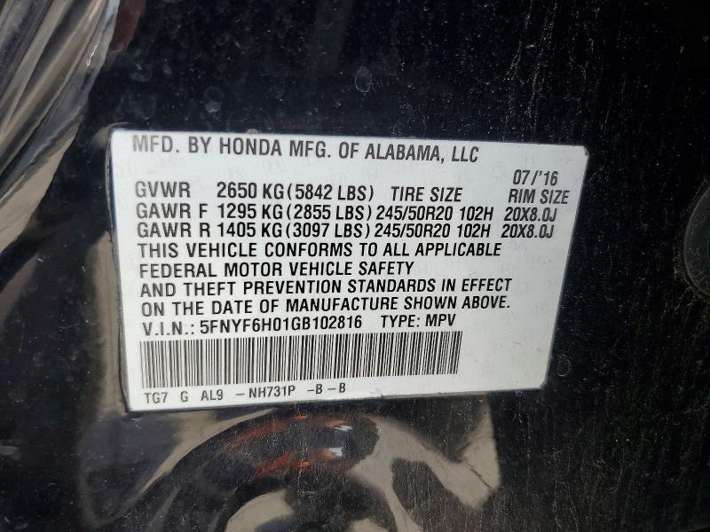 Aukcja sprzedaży 2016 Honda Pilot, vin: 5FNYF6H01GB102816, numer aukcji: 67930386