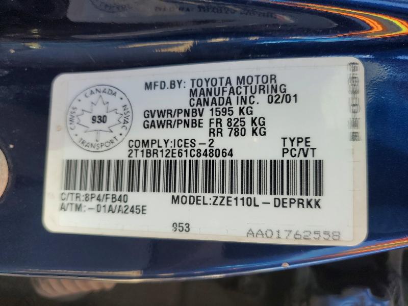 69939976 :رقم المزاد ، 2T1BR12E61C848064 vin ، 2001 Toyota Corolla مزاد بيع