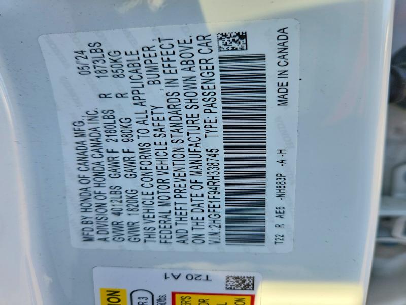 2024 Honda Civic მანქანა იყიდება აუქციონზე, vin: 2HGFE1F94RH338745, აუქციონის ნომერი: 67244876