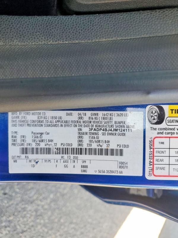69870956 :رقم المزاد ، 3FADP4BJ4JM124111 vin ، 2018 Ford Fiesta مزاد بيع