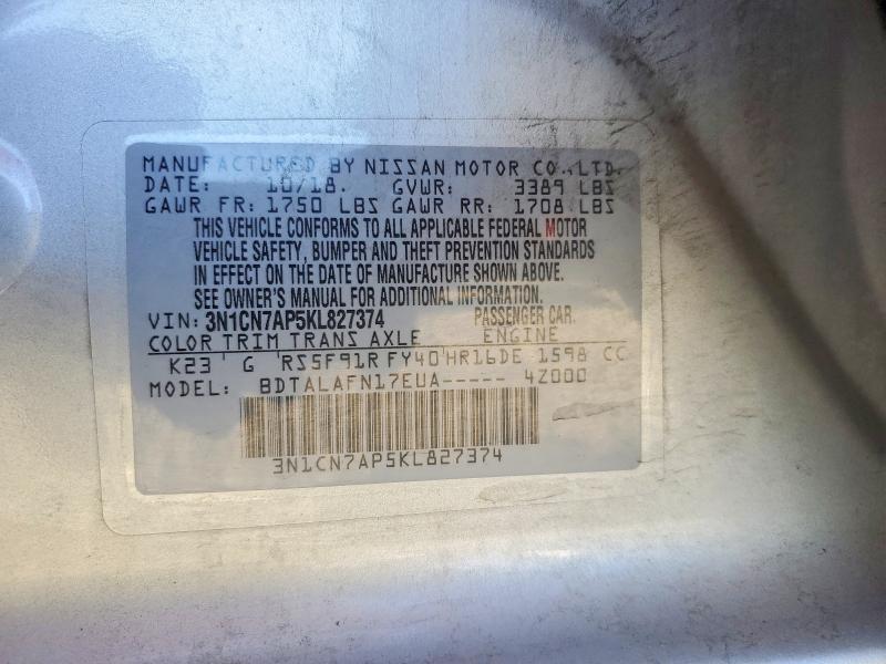 Aukcja sprzedaży 2019 Nissan Versa, vin: 3N1CN7AP5KL827374, numer aukcji: 67754646
