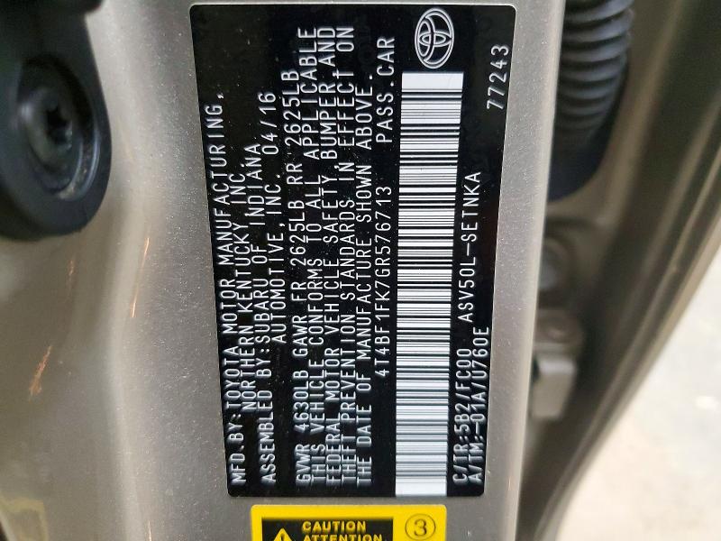 Продажа на аукционе авто 2016 Toyota Camry, vin: 4T4BF1FK7GR576713, номер лота: 68493336
