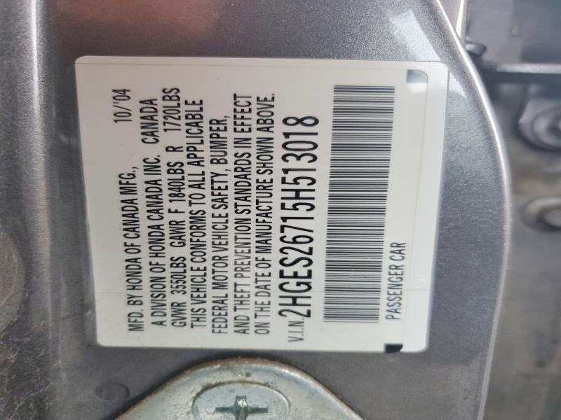 67838916 :رقم المزاد ، 2HGES26715H513018 vin ، 2005 Honda Civic مزاد بيع
