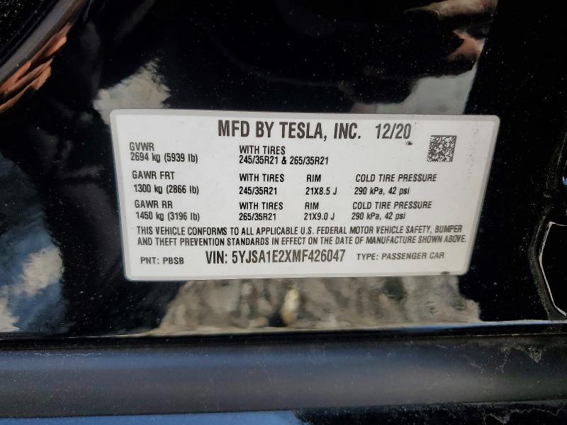 Продажа на аукционе авто 2021 Tesla Model S, vin: 5YJSA1E2XMF426047, номер лота: 68942456