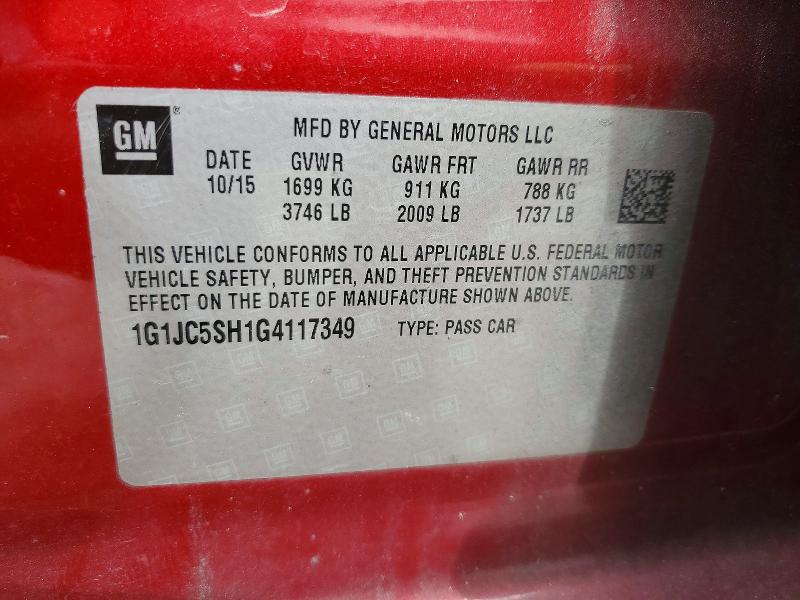 2016 Chevrolet Sonic მანქანა იყიდება აუქციონზე, vin: 1G1JC5SH1G4117349, აუქციონის ნომერი: 70411846