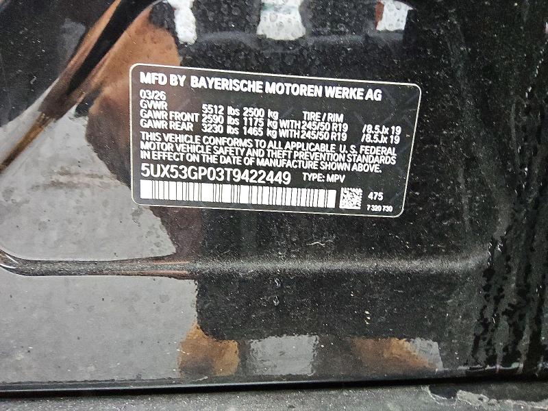 2026 Bmw X3 მანქანა იყიდება აუქციონზე, vin: 5UX53GP03T9422449, აუქციონის ნომერი: 70443876