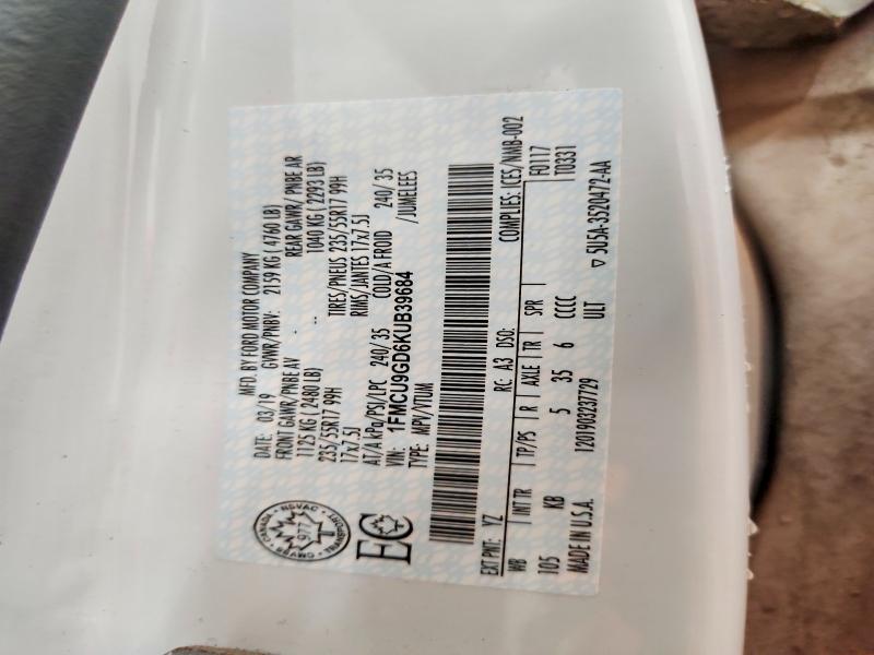 2019 Ford Escape მანქანა იყიდება აუქციონზე, vin: 1FMCU9GD6KUB39684, აუქციონის ნომერი: 70465796