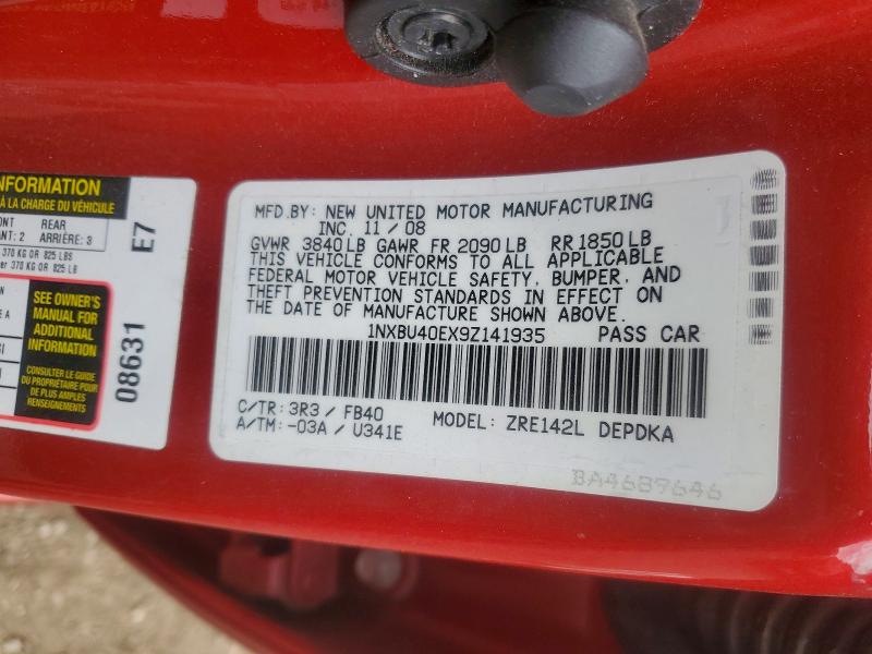 2009 Toyota Corolla მანქანა იყიდება აუქციონზე, vin: 1NXBU40EX9Z141935, აუქციონის ნომერი: 69877296
