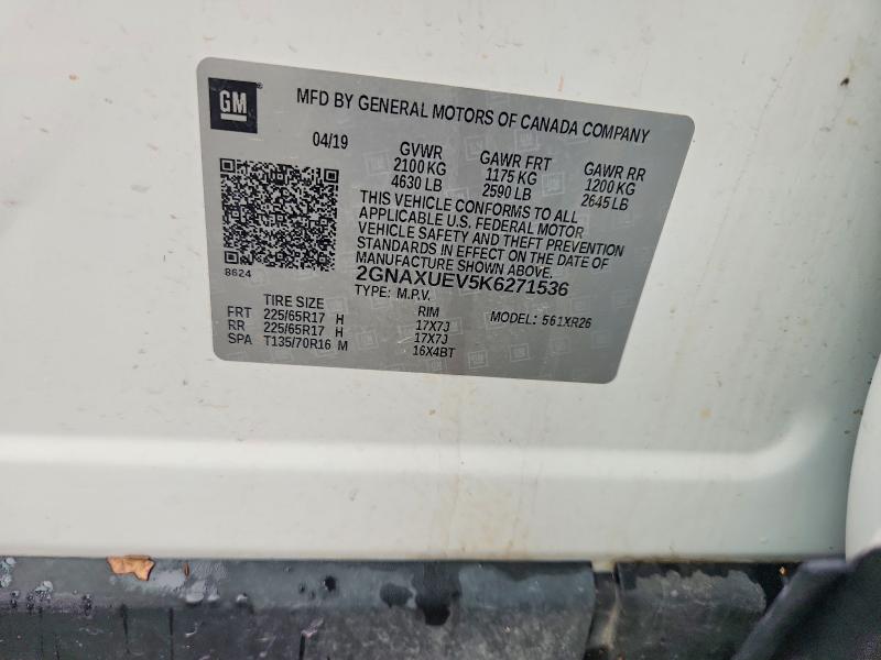 70016146 :رقم المزاد ، 2GNAXUEV5K6271536 vin ، 2019 Chevrolet Equinox مزاد بيع