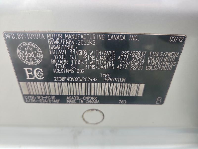 68032656 :رقم المزاد ، 2T3BF4DVXCW202493 vin ، 2012 Toyota Rav4 مزاد بيع