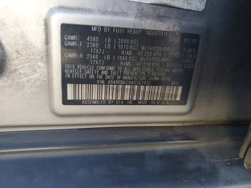 2010 Subaru Outback მანქანა იყიდება აუქციონზე, vin: 4S4BRBKCXA3362432, აუქციონის ნომერი: 71018206