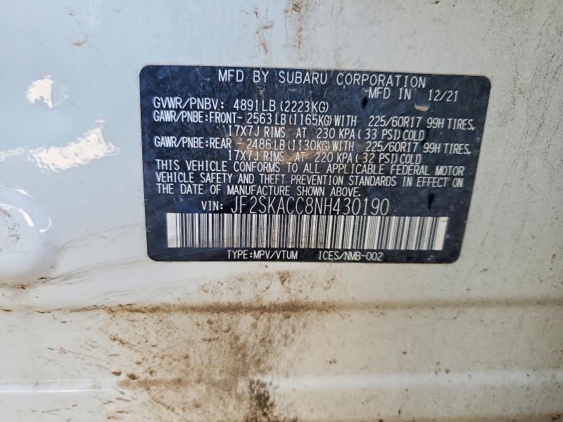 2022 Subaru Forester მანქანა იყიდება აუქციონზე, vin: JF2SKACC8NH430190, აუქციონის ნომერი: 68880526