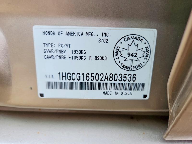 Aukcja sprzedaży 2002 Honda Accord, vin: 1HGCG16502A803536, numer aukcji: 66932096
