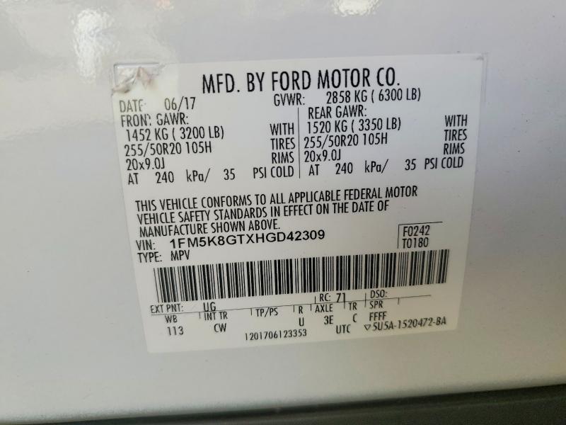 2017 Ford Explorer მანქანა იყიდება აუქციონზე, vin: 1FM5K8GTXHGD42309, აუქციონის ნომერი: 68155116