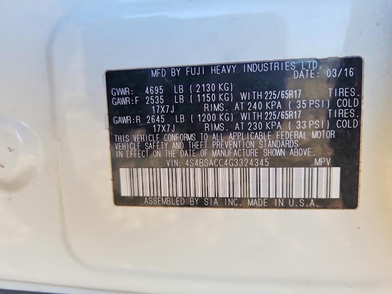 Продаж на аукціоні авто 2016 Subaru Outback, vin: 4S4BSACC4G3324345, номер лоту: 65955286