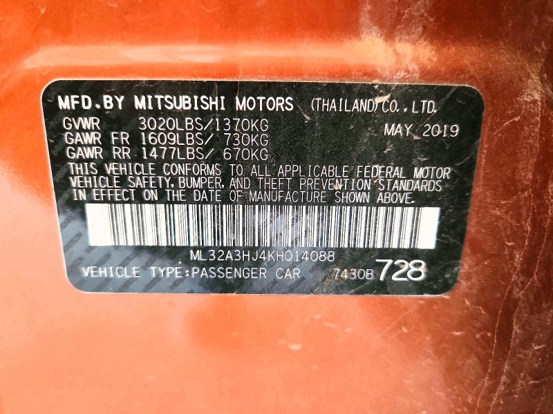 2019 Mitsubishi Mirage მანქანა იყიდება აუქციონზე, vin: ML32A3HJ4KH014088, აუქციონის ნომერი: 67372066