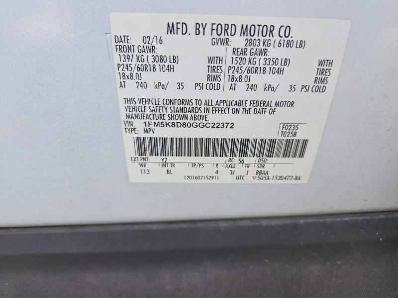 69624796 :رقم المزاد ، 1FM5K8D80GGC22372 vin ، 2016 Ford Explorer مزاد بيع