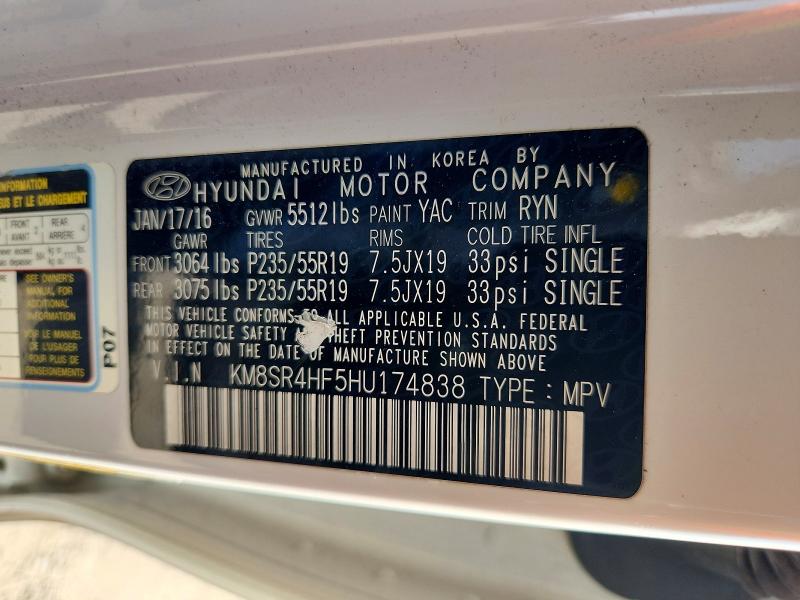 Aukcja sprzedaży 2017 Hyundai Santa Fe, vin: KM8SR4HF5HU174838, numer aukcji: 69350146