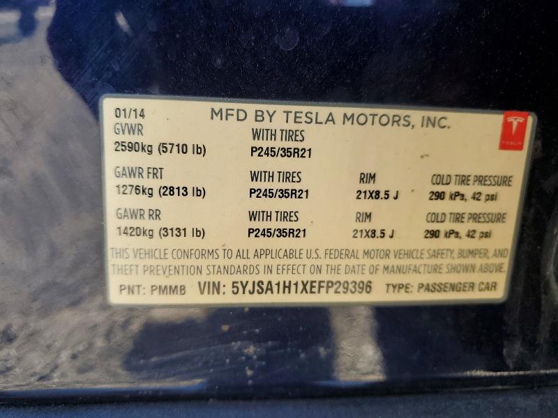 2014 Tesla Model S მანქანა იყიდება აუქციონზე, vin: 5YJSA1H1XEFP29396, აუქციონის ნომერი: 67300596