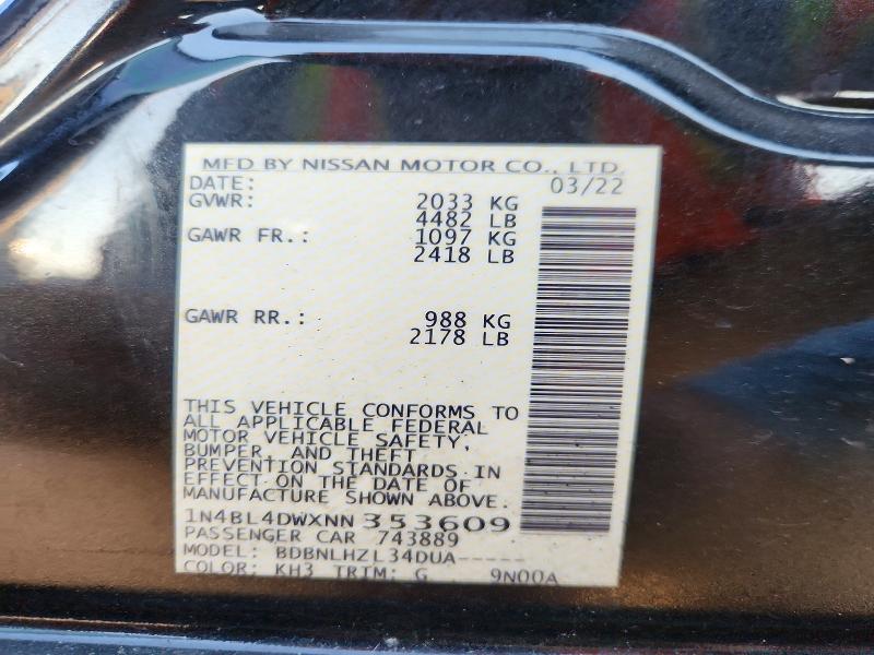 67106276 :رقم المزاد ، 1N4BL4DWXNN353609 vin ، 2022 Nissan Altima مزاد بيع